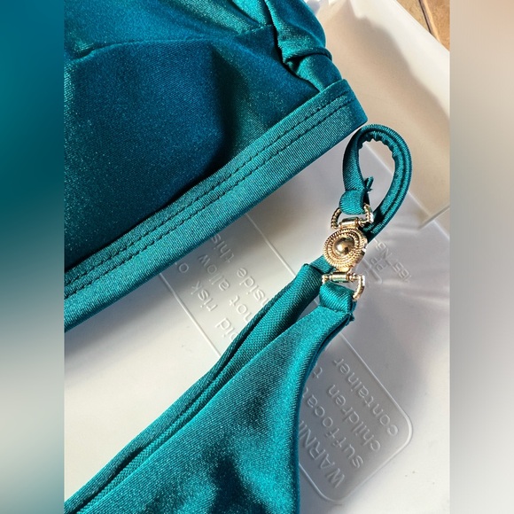 Sexy Teal Gold Ring Details High Cut Thong Bikini Set - Picture 7 of 13